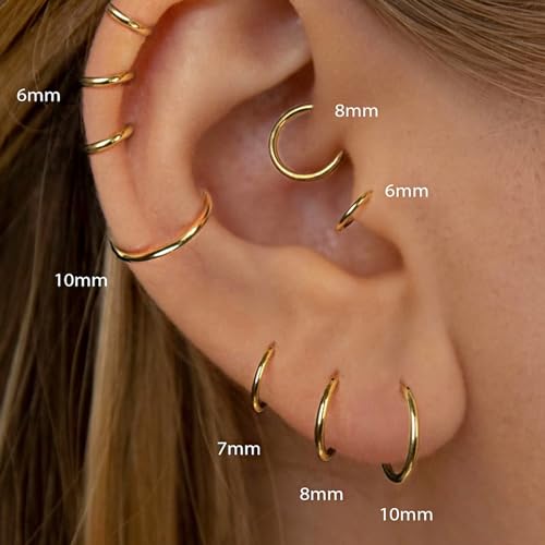 Small Gold Hoop Earrings, Lightweight 14K Gold Plated Huggie Hoop Earrings for Cartilage Helix Tragus, Hypoallergenic Earrings for Women Men, Tiny Thin Hoops Surgical Steel Endless Hoops Earrings 6-10 mm - color: 6/8/10mm Hoop Gold-16g