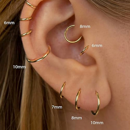 Small Gold Hoop Earrings, Lightweight 14K Gold Plated Huggie Hoop Earrings for Cartilage Helix Tragus, Hypoallergenic Earrings for Women Men, Tiny Thin Hoops Surgical Steel Endless Hoops Earrings 6-10 mm - color: 6/8/10mm Hoop Gold-16g