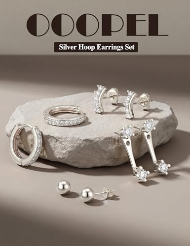 Small Gold Earring Stack Trendy 925 Sterling Silver Earrings for Women Hypoallergenic 14K Gold Plated Cubic Zirconia Stud Hoop Non Tarnish Huggie Hoop Earrings Set for Multiple Piercing Jewelry Gift - style: Silver: 1 Pairs of Hoops + 3 Pair of Studs