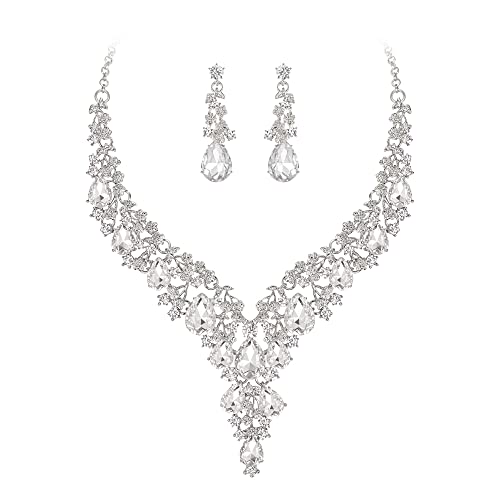BriLove Women's Wedding Bridal Austrian Crystal Teardrop Flower Cluster Statement Necklace Dangle Earrings Jewelry Set for Party Prom - color: 2Pcs-Clear Silver-Tone