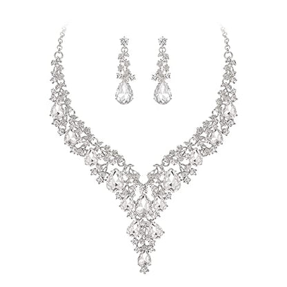 Wedding Bridal Necklace Earrings Jewelry Set for Women | Gorgeous Austrian Crystal Teardrop Flower Cluster for Bridal Bride Bridesmaid - color: 2Pcs-Clear Silver-Tone