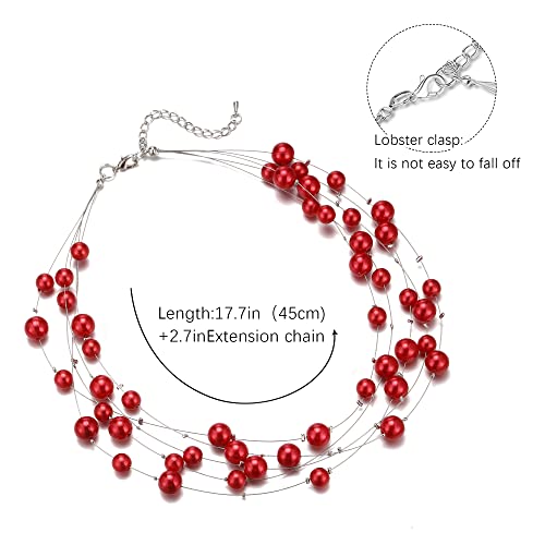 FULU AUTUMN Layered Pearl Necklace Multi-strand Pearl Choker Necklaces for Women Beaded jewelry for Wedding Parties - color: Red