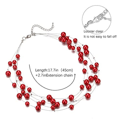 FULU AUTUMN Layered Pearl Necklace Multi-strand Pearl Choker Necklaces for Women Beaded jewelry for Wedding Parties - color: Red