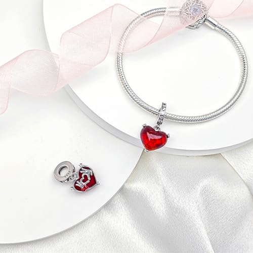S925 Sterling Silver Cute Bead Charm for Pandora Bracelets and Necklaces | Lucky Clover Cute Animal Pink Bow Cherry Butterfly Pendant Bead Charms Jewelry Making Gifts for Women Valentines Mother's Day - style: Red Romantic Heart Charm