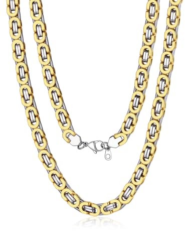 Bandmax Stainless Steel Byzantine Chain Necklace for Men Two Tone Black Gold Heavy Duty Motorcycle Biker Link Chains, 6MM/8MM/10MM Width, 18 Inch-30 Inch Length, Men's Fashion Jewelry Gift - color: 03 Silver&Gold Tone