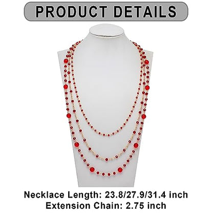 Firstmeet Long Chain Multi Layer Fashion Glass Beads Handmade Necklace for Women - color: TMRed-j