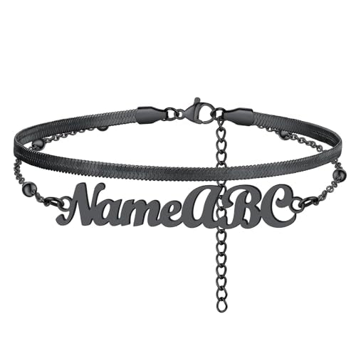 FindChic Custom Ankle Bracelets for Women, Stainless Steel Figaro/Cuban/Wheat/Rope/Herringbone Chain Anklets, Beach Foot Jewelry 8.5''-10.5'' Adjustable & Waterproof, with Gift Box - style: Herringbone Chain-Black