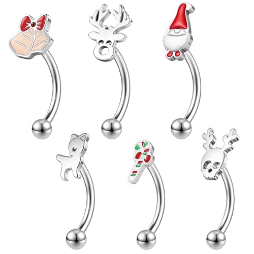 ZS 6Pcs Christmas Rook Piercing Jewelry, 16G Stainless Steel Eyebrow Piercing Jewelry, Santa Claus Elk Bell Eyebrow Rings, Curved Barbells Daith Rook Earrings for Women Men - size: L:10mm