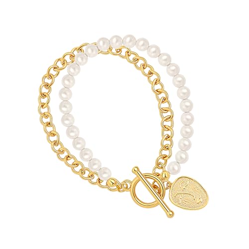 PEARLADA 18k Gold Plated Chain Layerd Bracelet Coin Charm Toggle Bracelet Trendy Cubic Zirconia Jewelry - color: Pearl + Chain