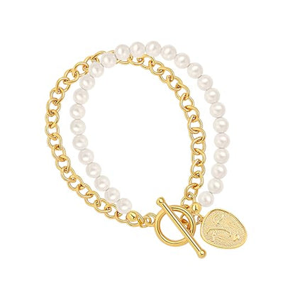 PEARLADA 18k Gold Plated Chain Layerd Bracelet Coin Charm Toggle Bracelet Trendy Cubic Zirconia Jewelry - color: Pearl + Chain