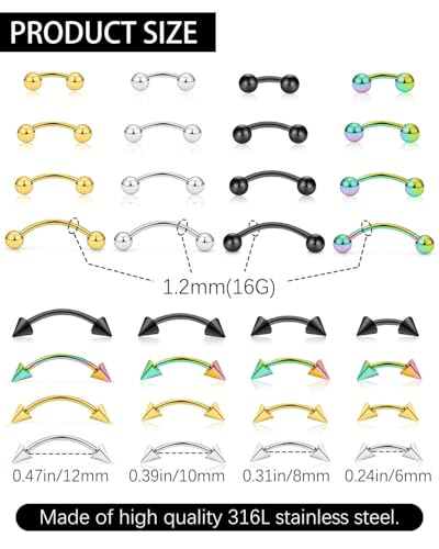 JELIEE 64pcs Eyebrow Piercing Jewelry Surgical Steel Rook Piercing Jewelry Curved Barbell Tiny Eyebrow Ring Vertical Labret Lip Jewelry Ear Rook Helix Conch Daith For Women Men 16g 6mm/8mm/10mm/12mm