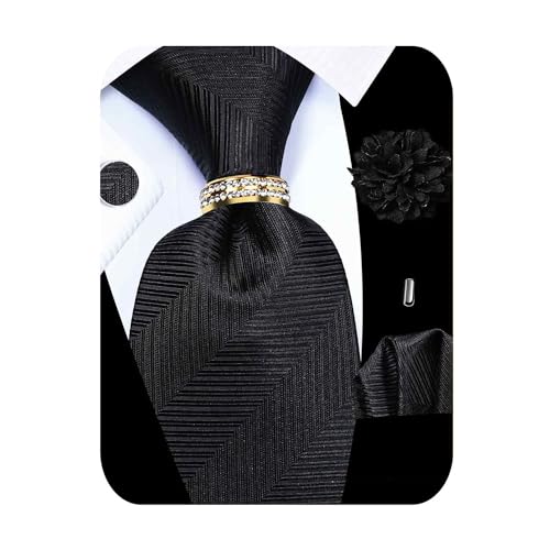 5PCS Mens Silk Tie, Pocket Square, Cufflinks, Drilled Tie Ring and Lapel Pin Set for Wedding Groom Party - color: Black Striped Tie Set -130