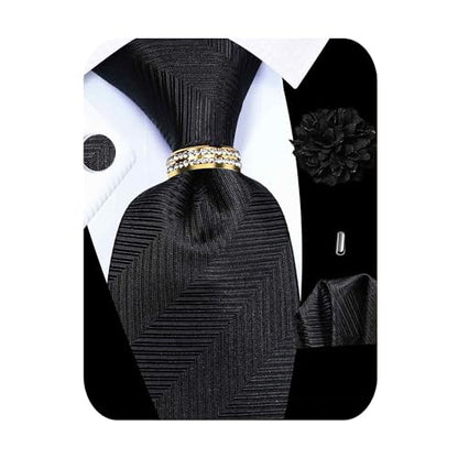 5PCS Mens Silk Tie, Pocket Square, Cufflinks, Drilled Tie Ring and Lapel Pin Set for Wedding Groom Party - color: Black Striped Tie Set -130