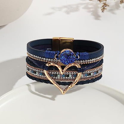 Womens Love Heart Leather Wrap Bracelet Multi-layer Stacked Bangle | Magnetic Clasp Soft PU Leather Resin Stone Rhinestone Boho Style Birthday Valentine Christmas Bohemian Jewelry Gift - color: Navy Blue