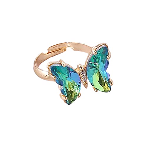 COLORFUL BLING Adjustable Elegant Transparent Crystal 3D Butterfly Rings for Women Aesthetic Gold Plated Cute Animal Insect Open Finger Cuff Ring Birthday Valentine Gifts - color: transparent green