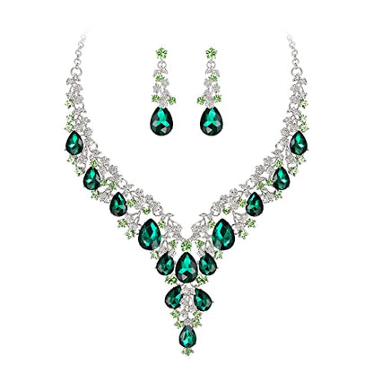 BriLove Women's Wedding Bridal Austrian Crystal Teardrop Flower Cluster Statement Necklace Dangle Earrings Jewelry Set for Party Prom - color: 2Pcs-Emerald Color Silver-Tone