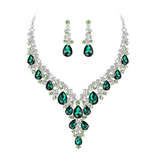 BriLove Women's Wedding Bridal Austrian Crystal Teardrop Flower Cluster Statement Necklace Dangle Earrings Jewelry Set for Party Prom - color: 2Pcs-Emerald Color Silver-Tone
