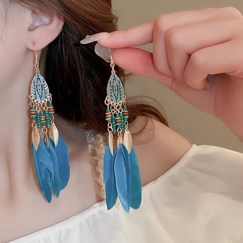 Boho Feather Tassel Dangle Earrings for Women Gold Plated Vintage Enamel Blue Beaded Peacock Feather Light Charms Drop Dangling Fish Hook Stud Bohemian Festival Party Jewelry