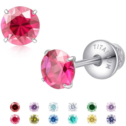 Limerencia Birthstone Screw Back Earrings G23 Implant Grade Titanium Stud Earrings Hypoallergenic Cubic Zirconia Posts Studs Jewelry Gifts for Girls Sensitive Ears - color: July