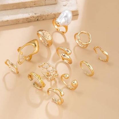 Gold Rings for Women Non Tarnish Stackable Rhinestone Moon Star Rings Dainty Stacking Pearl Butterfly Midi Pinky Thumb Joint Finger Knuckle Ring Set Gold Non Tarnish Jewelry Gifts Trendy Stuff - color: U Chunky Gold Rings 12Pcs