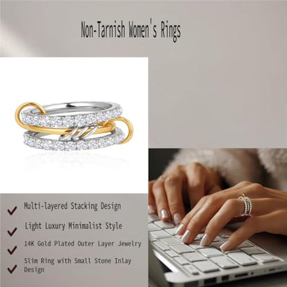 Stackable Rings Women Non Tarnish 18K Gold CZ Interlocking Ring Set | 18K Gold Plated, Hypoallergenic & Non Tarnish, Cubic Zirconia, Mixed Metals, Dainty Stacking Set, Gift for Her - color: gold and silver color