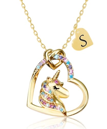 Girl Teen Initial Unicorn Necklace Gift Children Girl Jewelry Gift | Valentine's Day-Unicorn necklace for girls daughters and granddaughters gold CZ heart-shaped colored necklace birthday gift - style: S