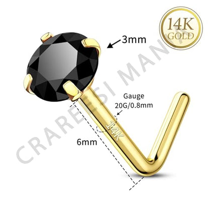 14K Real Gold Nose Studs 20G Nose Rings Studs L Shaped Nose Rings for Women Men Diamond CZ Nose Piercing - color: Yellow Gold-Round BKCZ