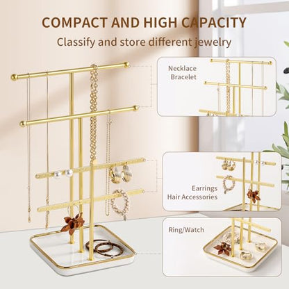 modern T-shaped jewelry rack, jewelry tower, gold metal, square ceramic base decoration display tower, necklace, bracelet, ring storage rack (3-layer ceramic disc) - style: 3-layer ceramic disc