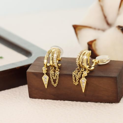 Clip On Earrings for Women Chain Moon Star Cross Hoop Dangle Earring No-Pierced Gold Silver - color: Chain,Gold tone