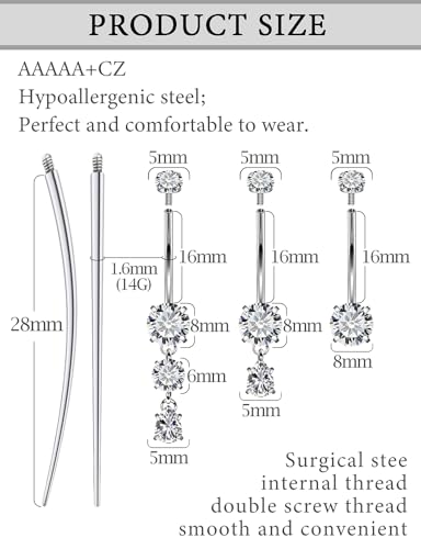 Internally Threaded Belly Button Rings Surgical Stee, Extra-Long & Short Simple Belly Rings, 14G Belly Piercing Jewelry,Navel Piercing Jewelry for Women Men 10mm 12mm 14mm 16mm - color: Silver internal thread Belly Button ring 16mm