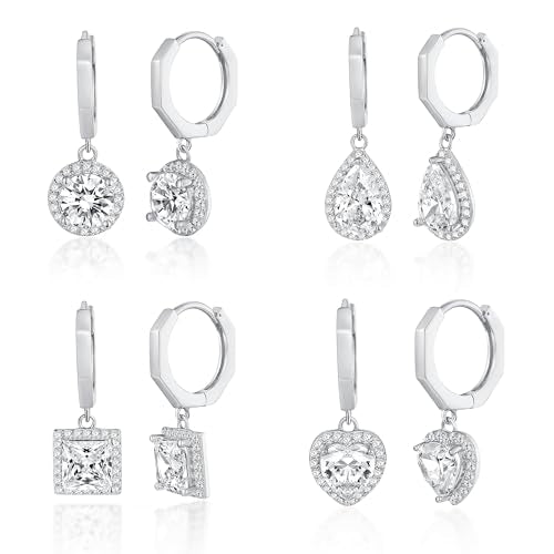 2-4 Pairs Dangle Drop Earrings for Women, 18K Gold Plated Cubic Zirconia Drop Dangle Huggie Hoop Earrings CZ Teardrop Hypoallergenic Jewelry - color: White Gold