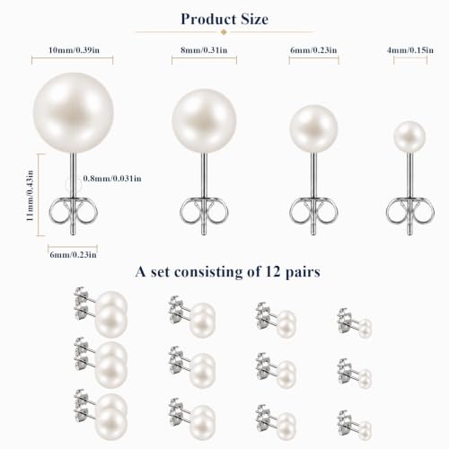 12 Pairs Simulated Pearl Stud Earrings Set for Women Men Beige White Black | 4 6 8 10 mm Faux Pearl Earrings Studs Pack, 316L Surgical Stainless Steel, Hypoallergenic for Sensitive Ears - color: Beige