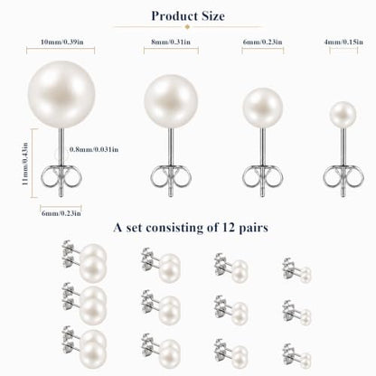 12 Pairs Simulated Pearl Stud Earrings Set for Women Men Beige White Black | 4 6 8 10 mm Faux Pearl Earrings Studs Pack, 316L Surgical Stainless Steel, Hypoallergenic for Sensitive Ears - color: Beige