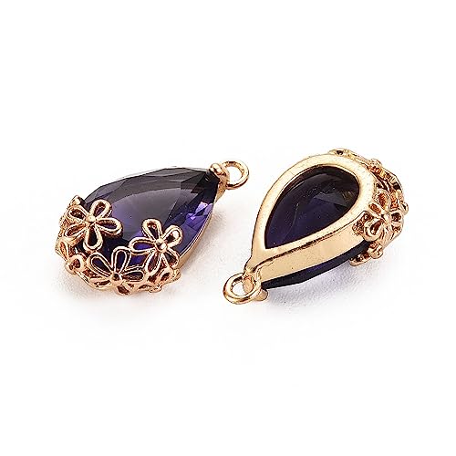 FASHEWELRY 50Pcs Faceted Teardrop Glass Charms Transparent Crystal Drop Pendants with Light Gold Brass Flower Setting for DIY Bracelet Necklace Earring Jewelry Craft Making - color: Indigo