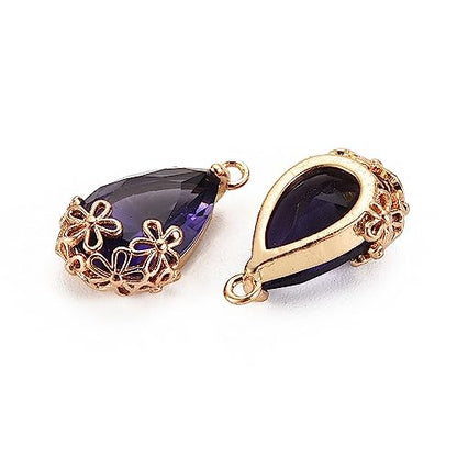 FASHEWELRY 50Pcs Faceted Teardrop Glass Charms Transparent Crystal Drop Pendants with Light Gold Brass Flower Setting for DIY Bracelet Necklace Earring Jewelry Craft Making - color: Indigo