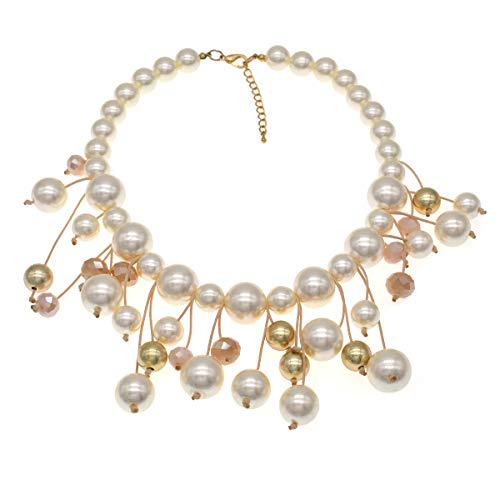 utop JNF Hand made Pearl Statement Necklace for Women Rhinestone Multilayer Crystal Necklaces Chunky Pearl Necklace Large Pearl Necklace and Earrings Set for Mother Mom's gift - color: white pearl bib necklace