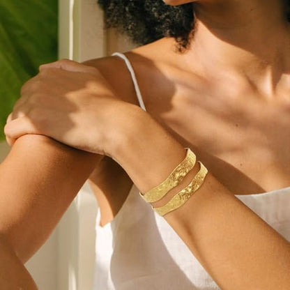 Chunky 14k Gold Cuff Bracelets for Women - Non Tarnish Teardrop Bangle Multi-layer Cross Wire Open Bracelets - color: 07 Gold-Hammered Cuff Bracelets