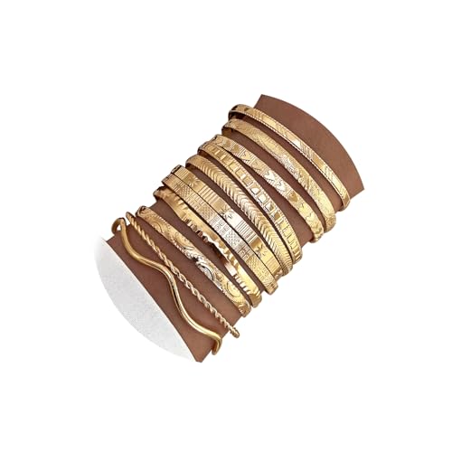 17IF Gold Bangle Bracelet For Women, 14k Multilayer Charm Textured Stackable Bracelets Boho Indian Chunky Cuff Fashion Jewelry Gift - style: 11 Pcs