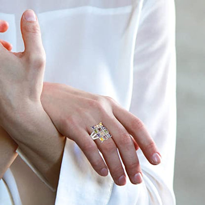Multi Square Cubic Zrionias Crystal Ring,Platinum Plated Crystal Cocktail Party Ring for Women