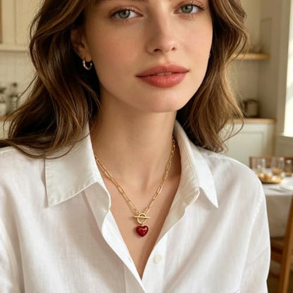 Teardrop CZ Pendant Paperclip Chain Necklace 18K Plated Paperclip Toggle Necklace Jewelry Birthstone Gift for Women - color: Red patterned