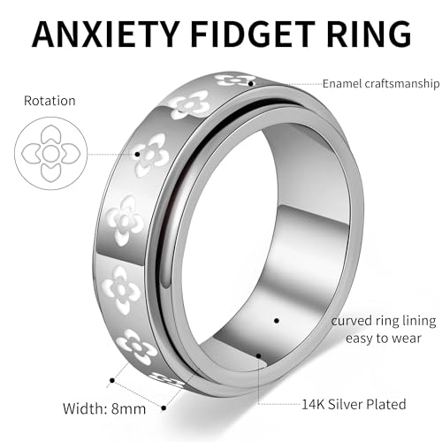 Fidget Anxiety Spinner Rings for Women | 14K Gold Silver Plated, 8mm Thick Stainless Steel Band Ring, Statement Cross Flower Spinning Rings, Jewelry Gifts, Size 6-10 - color: Silver-Rotation
