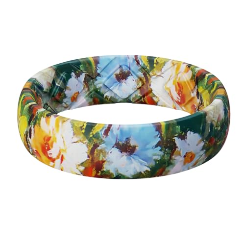 Egnaro Silicone Statement Ring Women, Floral Patterned Rubber Wedding Band | 5.2mm Wide 2mm Thick Printed Style, Inner Arch and Breathable X Grooves for Gym Workout Travel Work Pregnancy Daily Wear - color: N-Vivid Blooms