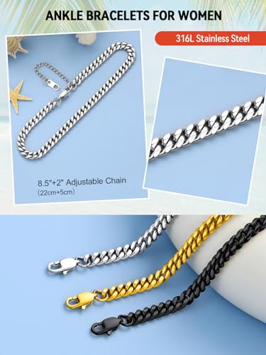 FaithHeart Waterproof Ankle Bracelets for Women, 1/2/3Pcs Non Tarnish Stainless Steel Layered Anklet Set Paperclip Figaro Cuban Link Chain Dainty Summer Beach Jewelry Gift Adjustable Size - style: h.Miami Cuban - Silver