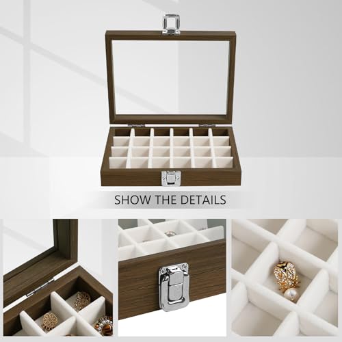 Wudygirl 24 Grid Earring Organizer Small Jewelry Box with Lid WoodBeige | Ring Box with Adjustable Dividers, Velvet Lining, Ideal for Rings, Earrings, Jewelry Display, Gift Giving - style: Wood Beige 24 Grid