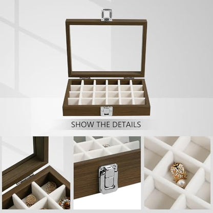 Wudygirl 24 Grid Earring Organizer Small Jewelry Box with Lid WoodBeige | Ring Box with Adjustable Dividers, Velvet Lining, Ideal for Rings, Earrings, Jewelry Display, Gift Giving - style: Wood Beige 24 Grid