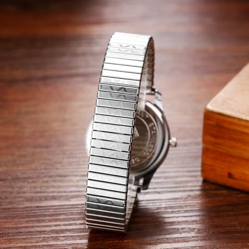 Avaner Stretch Band Wrist Watches: Elastic Strap Bangle Big Number Easy Reader Analog Quartz Wristwatch for Men Women - color: Silver Band Black Dial (for men)