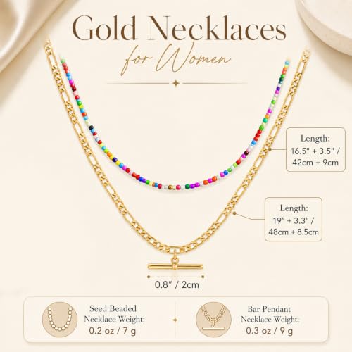 Seed Beaded Layered Necklace for Women 14K Gold Plated Figaro Chain T Bar Pendant Necklace Set, Colorful Beaded Choker Necklace, Dainty Boho Jewelry Gift