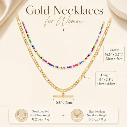 Seed Beaded Layered Necklace for Women 14K Gold Plated Figaro Chain T Bar Pendant Necklace Set, Colorful Beaded Choker Necklace, Dainty Boho Jewelry Gift