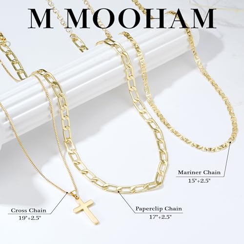 M MOOHAM Cross Necklace for Women Non Tarnish - 14K Gold Plated Dainty Clover Cross Layered Necklaces Stack Set Herringbone Figaro Paperclip Chain Necklace Trendy Religious Baptism Faith Jewelry Gifts - color: cross