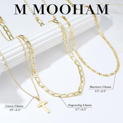 M MOOHAM Cross Necklace for Women Non Tarnish - 14K Gold Plated Dainty Clover Cross Layered Necklaces Stack Set Herringbone Figaro Paperclip Chain Necklace Trendy Religious Baptism Faith Jewelry Gifts - color: cross